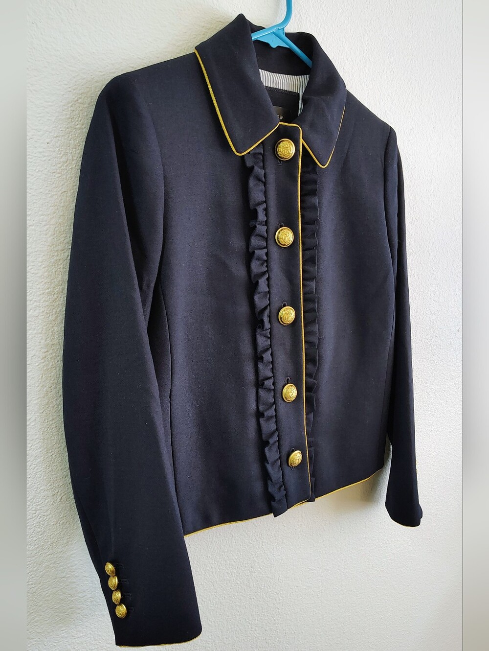J.Crew Navy Jacket with Gold Piping & Buttons with Ruffles Down the Front Size 0 - Picture 4 of 15